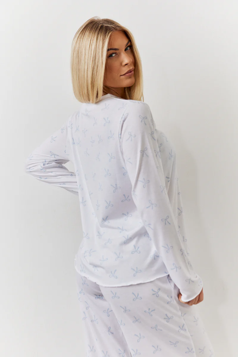 White Bow Print Long Sleeve Top and Trouser PJ Set - Image 6