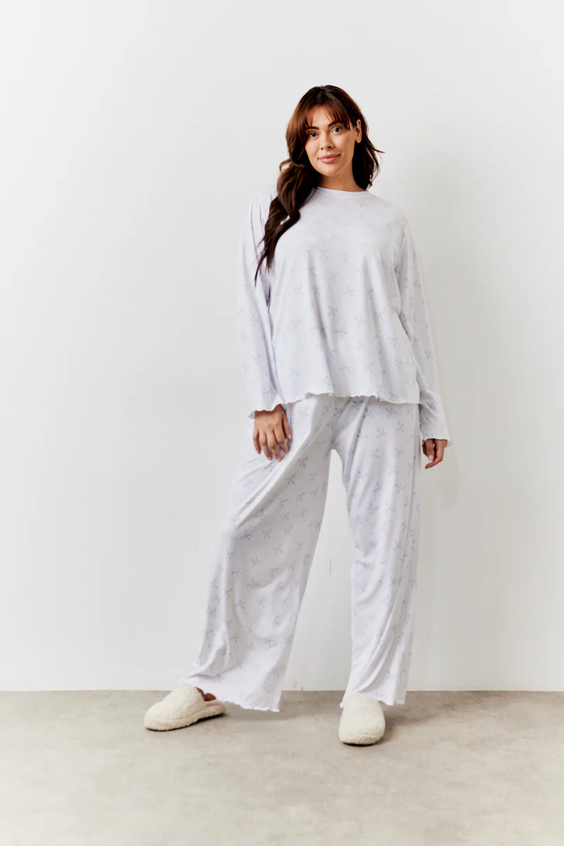 White Bow Print Long Sleeve Top and Trouser PJ Set - Image 7