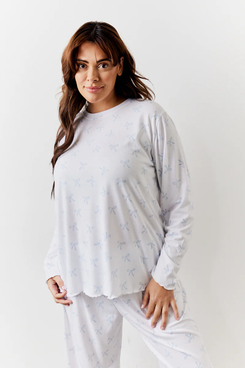 White Bow Print Long Sleeve Top and Trouser PJ Set - Image 8