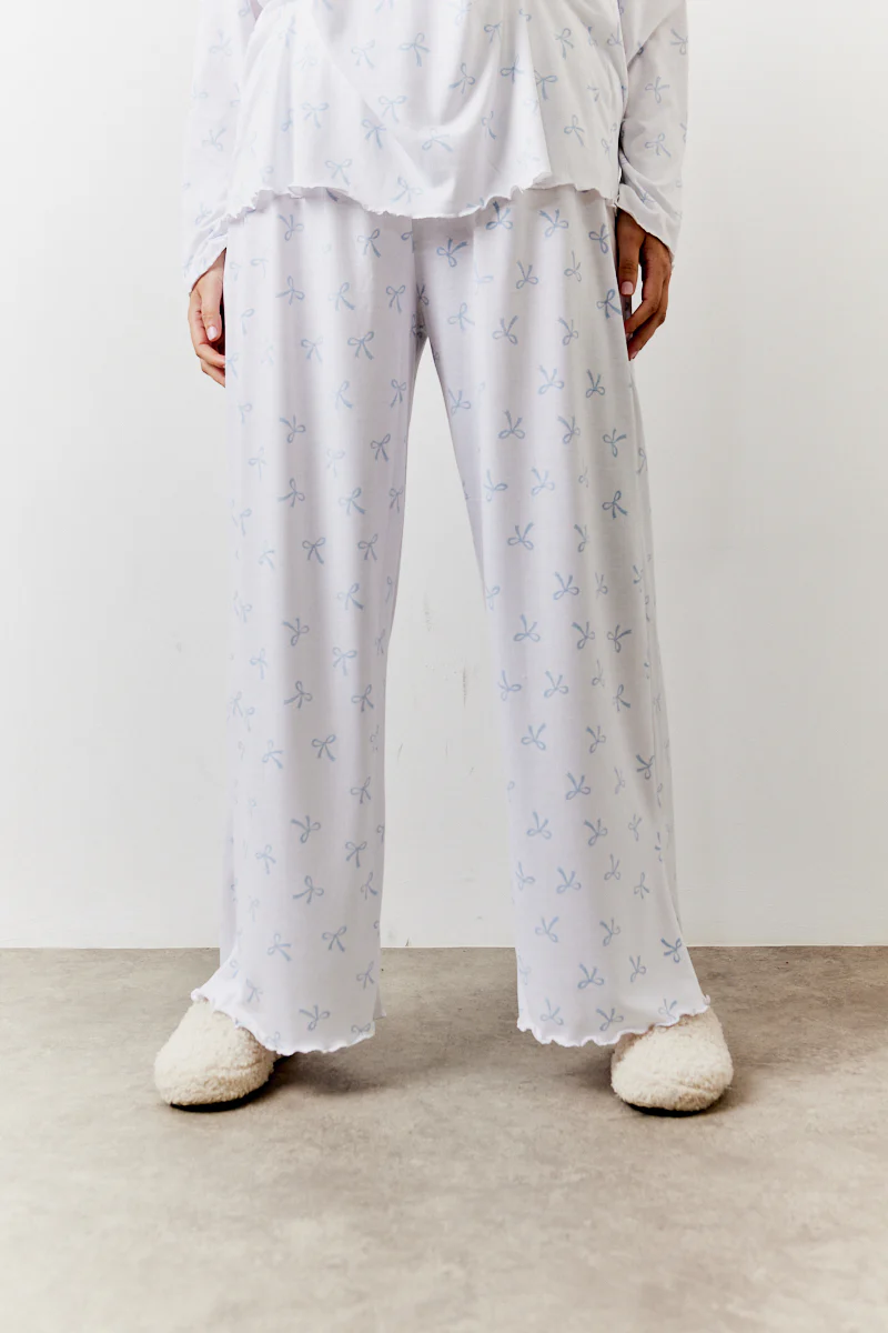 White Bow Print Long Sleeve Top and Trouser PJ Set - Image 9