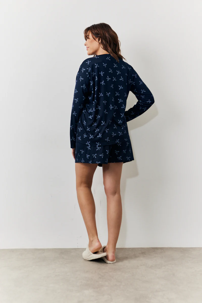 Bow Print Long Sleeve and Short PJ Set - Image 12