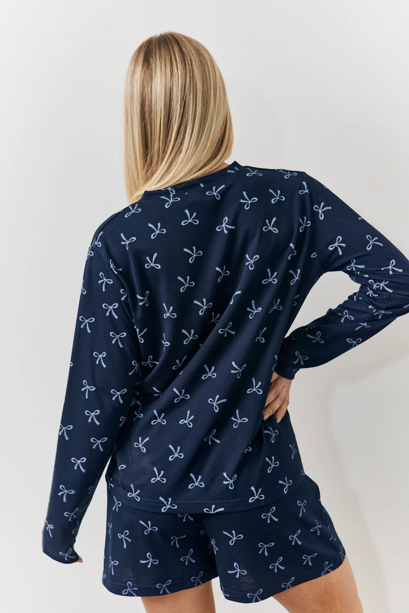 Bow Print Long Sleeve and Short PJ Set - Image 4