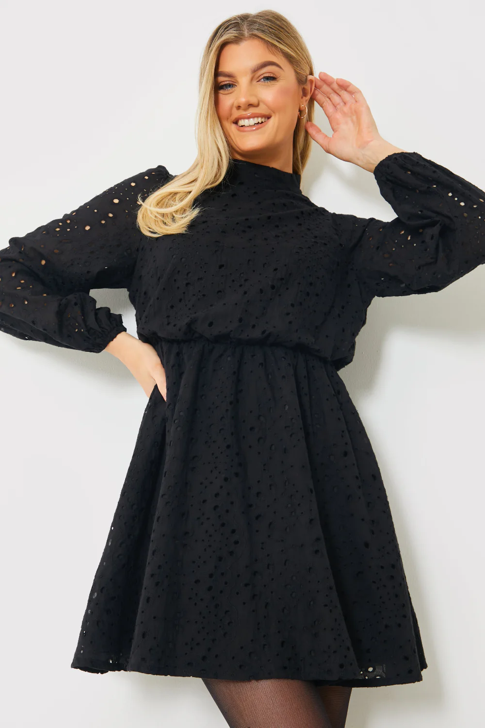 Broderie High Neck Frill Hem Mini Dress
