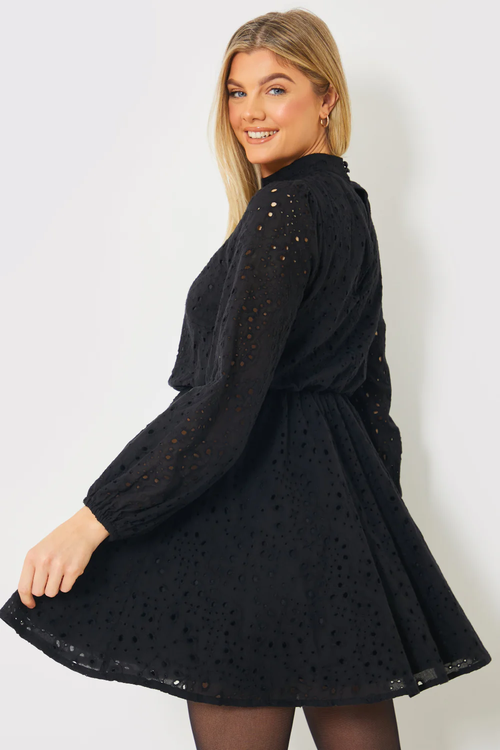 Broderie High Neck Frill Hem Mini Dress - Image 5