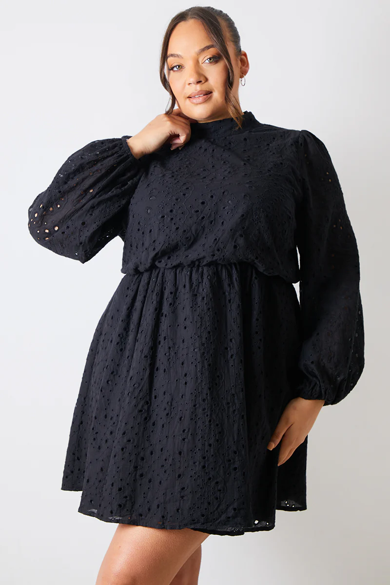 Broderie High Neck Frill Hem Mini Dress - Image 7