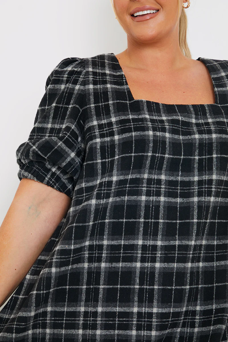Brushed Check Balloon Sleeve Swing Dress - Image 3