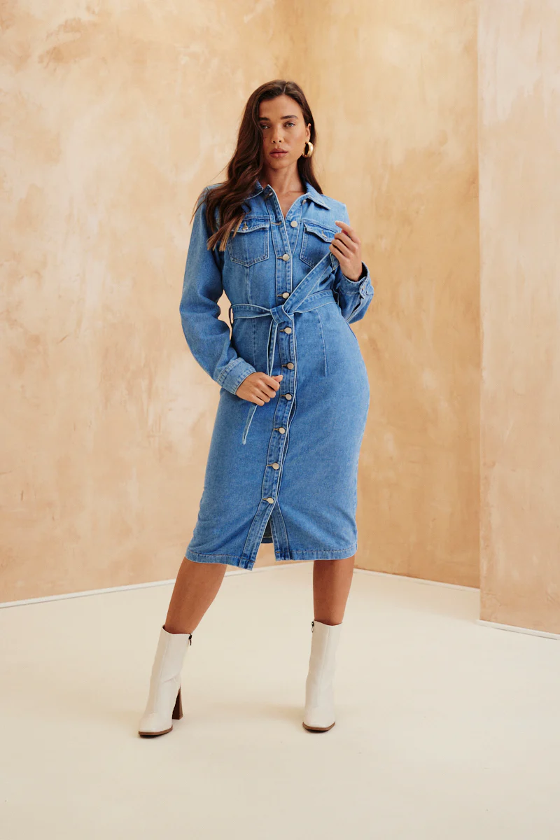 Button Through Tie Waist Denim Dress - Image 2