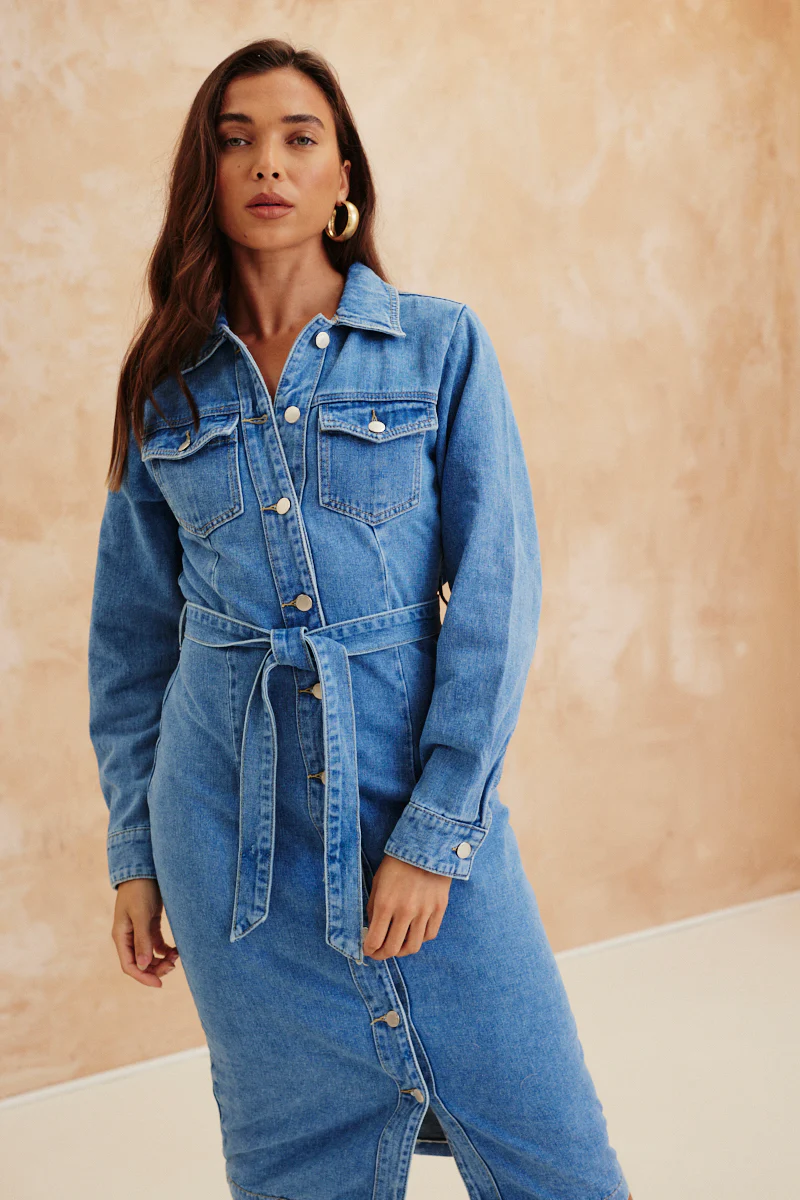 Button Through Tie Waist Denim Dress - Image 3