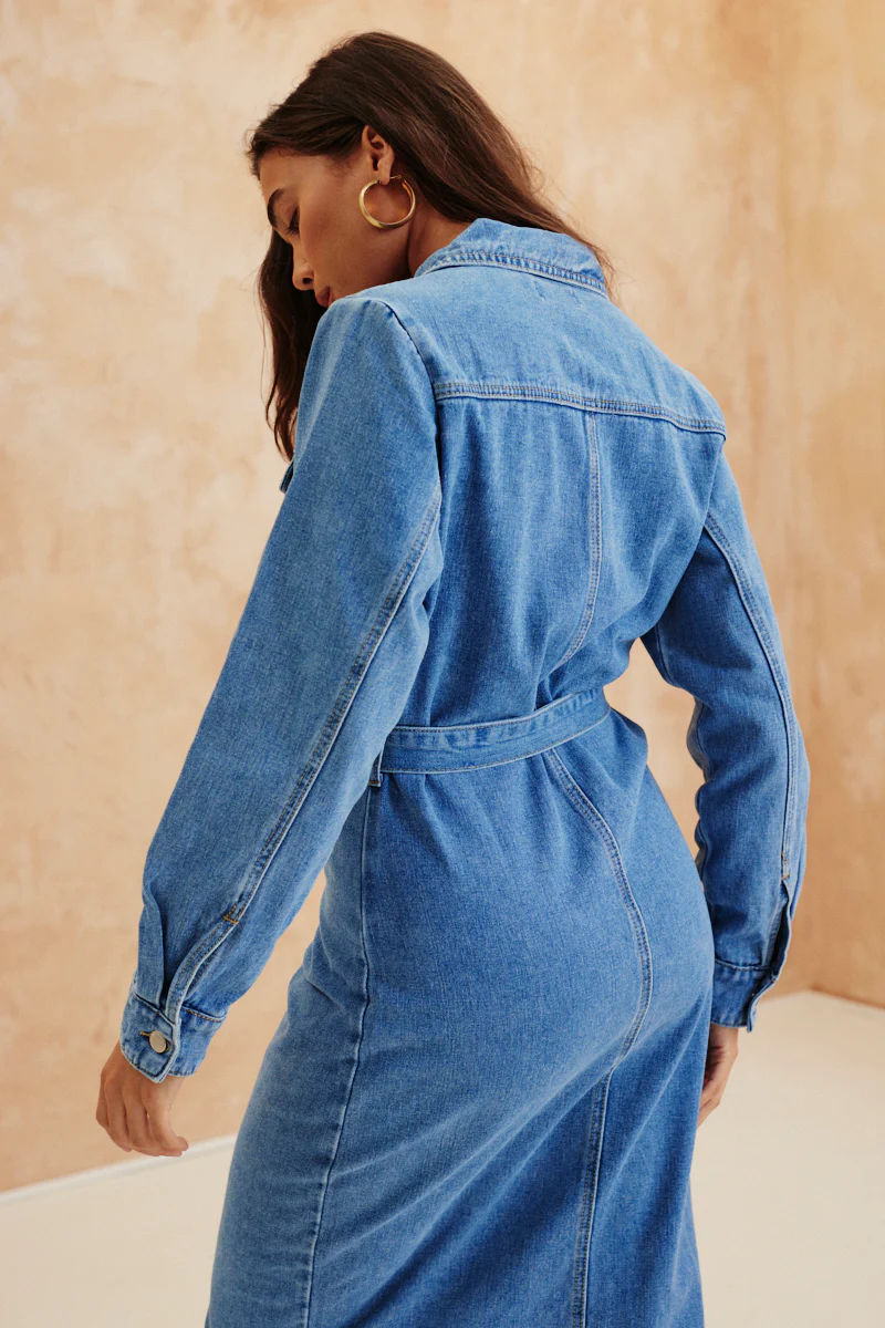 Button Through Tie Waist Denim Dress - Image 4