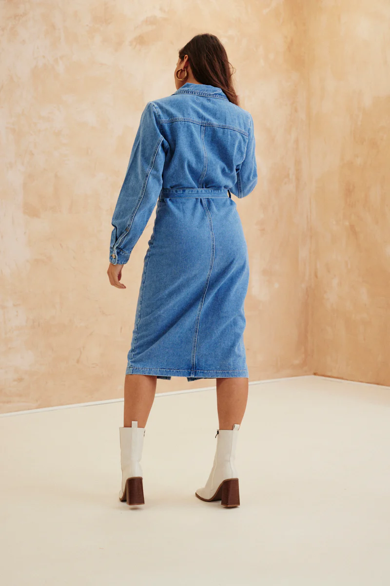 Button Through Tie Waist Denim Dress - Image 5