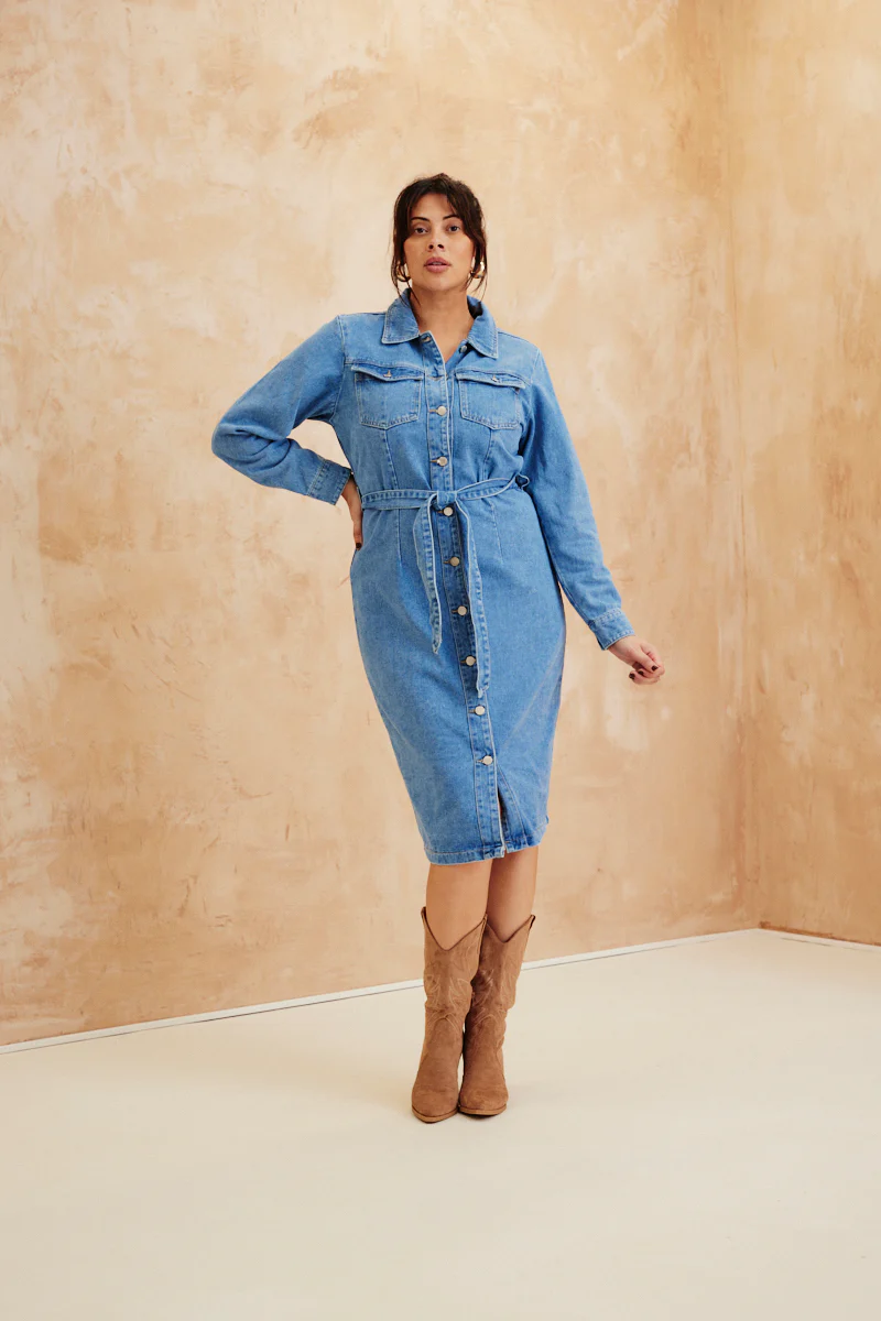 Button Through Tie Waist Denim Dress - Image 6