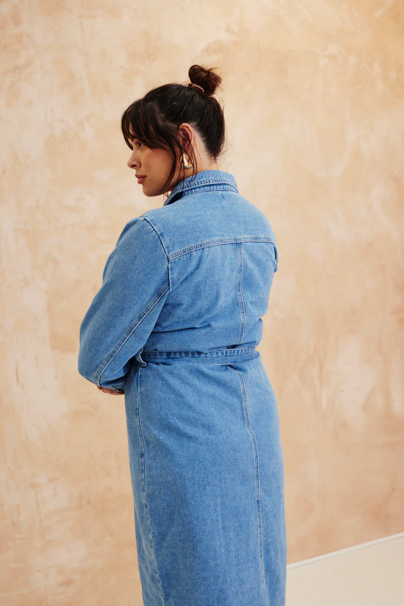 Button Through Tie Waist Denim Dress - Image 7