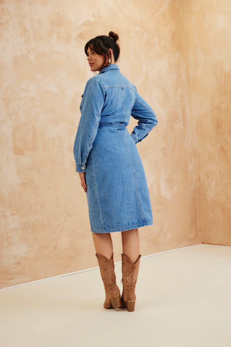 Button Through Tie Waist Denim Dress - Image 8