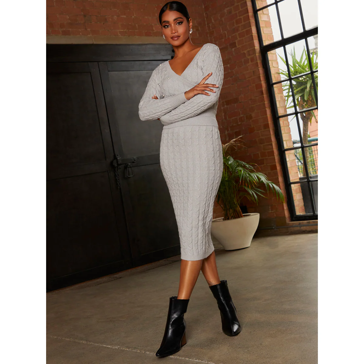 Cable Knit Midi Skirt in Grey - Image 2