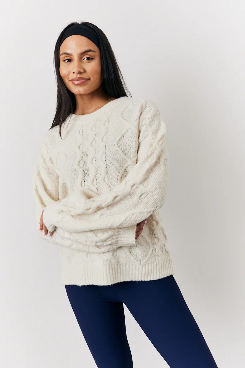 Cream 90's Varsity Cable Knitted Sweater - Image 2