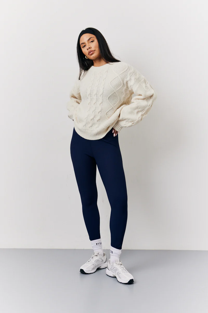 Cream 90's Varsity Cable Knitted Sweater - Image 3
