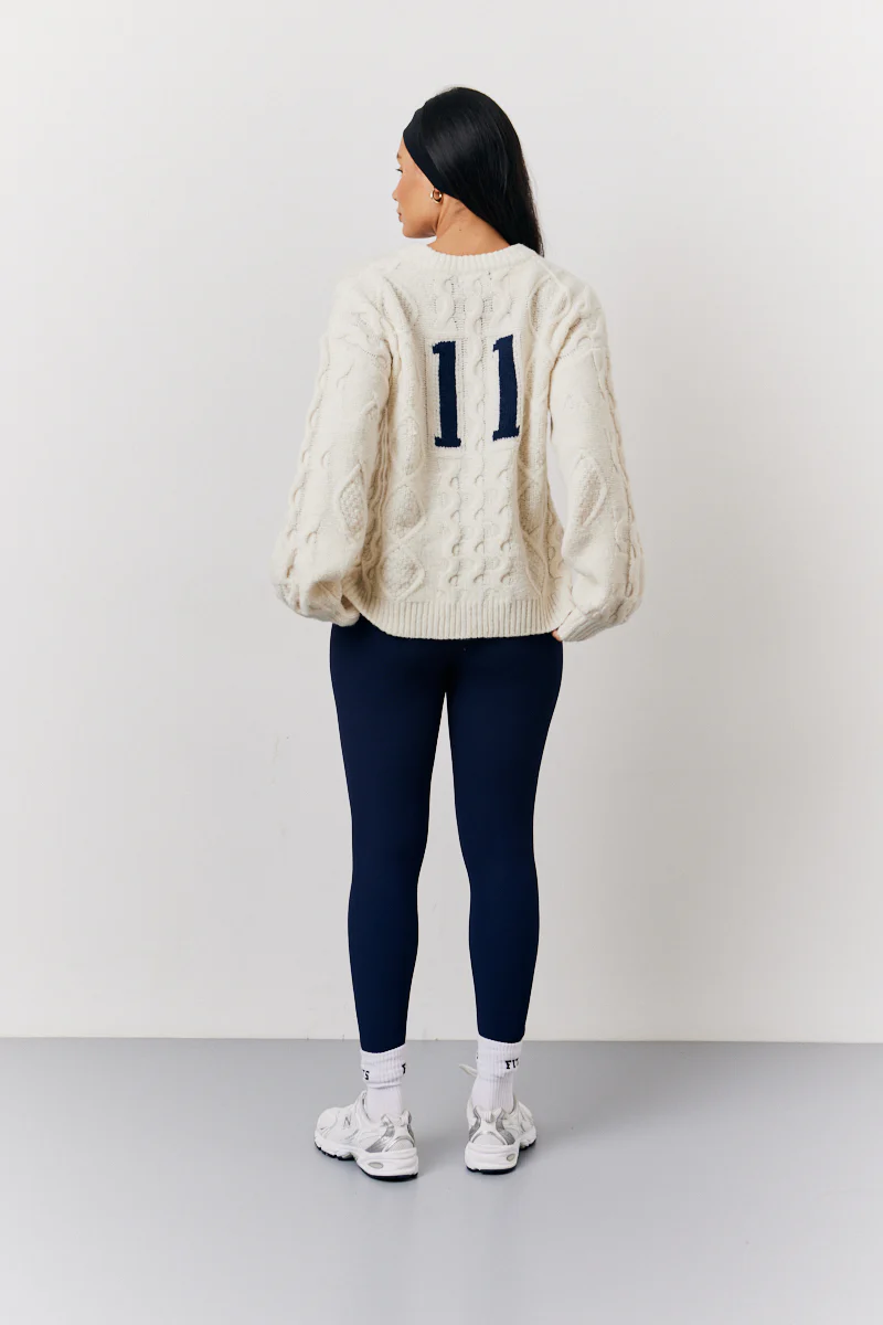 Cream 90's Varsity Cable Knitted Sweater - Image 4