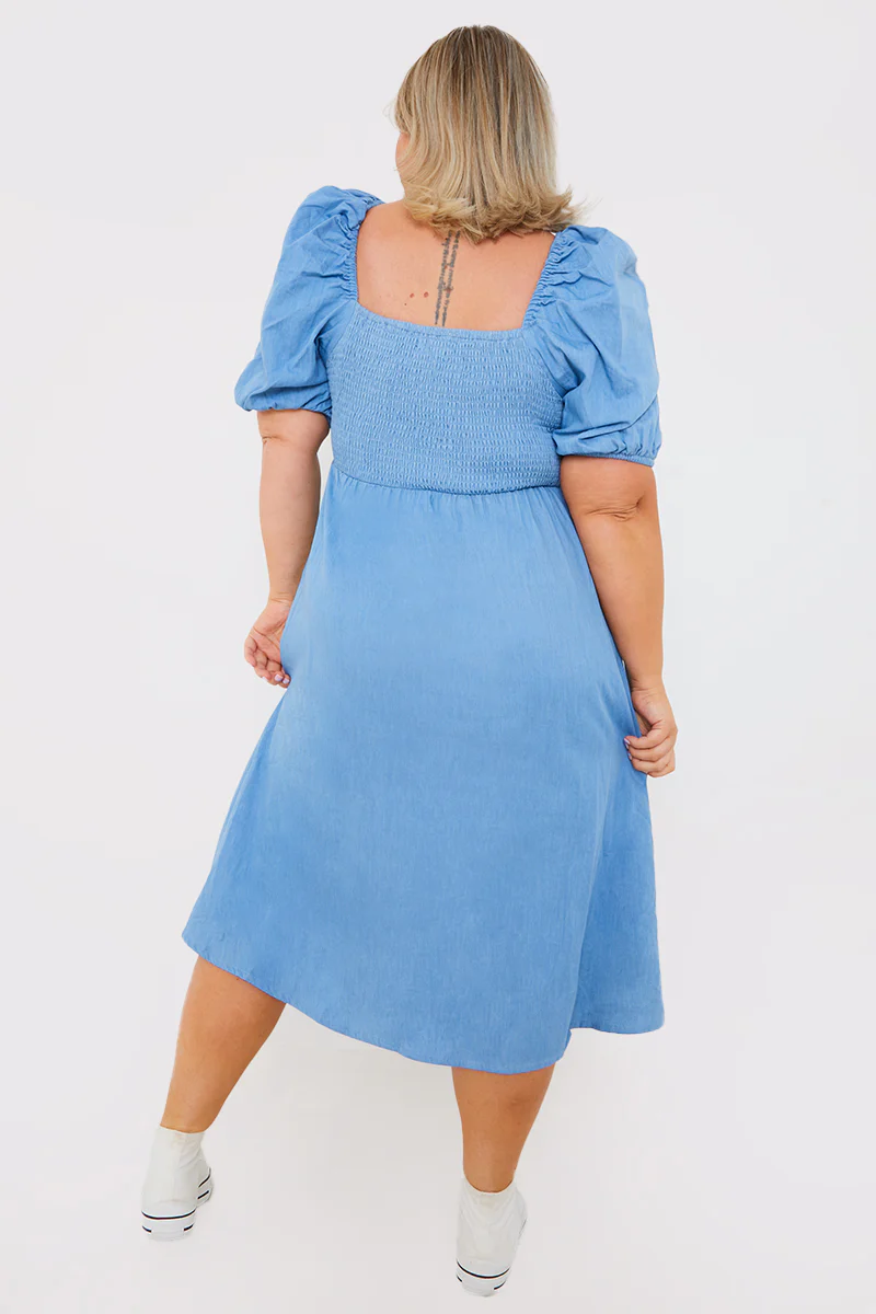 Chambray Shirred Balloon Sleeve Midi Dress - Image 3