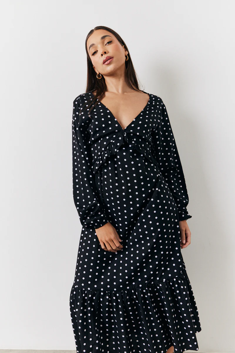 Black and White Polka Dot Frill Detail Midaxi Dress - Image 2