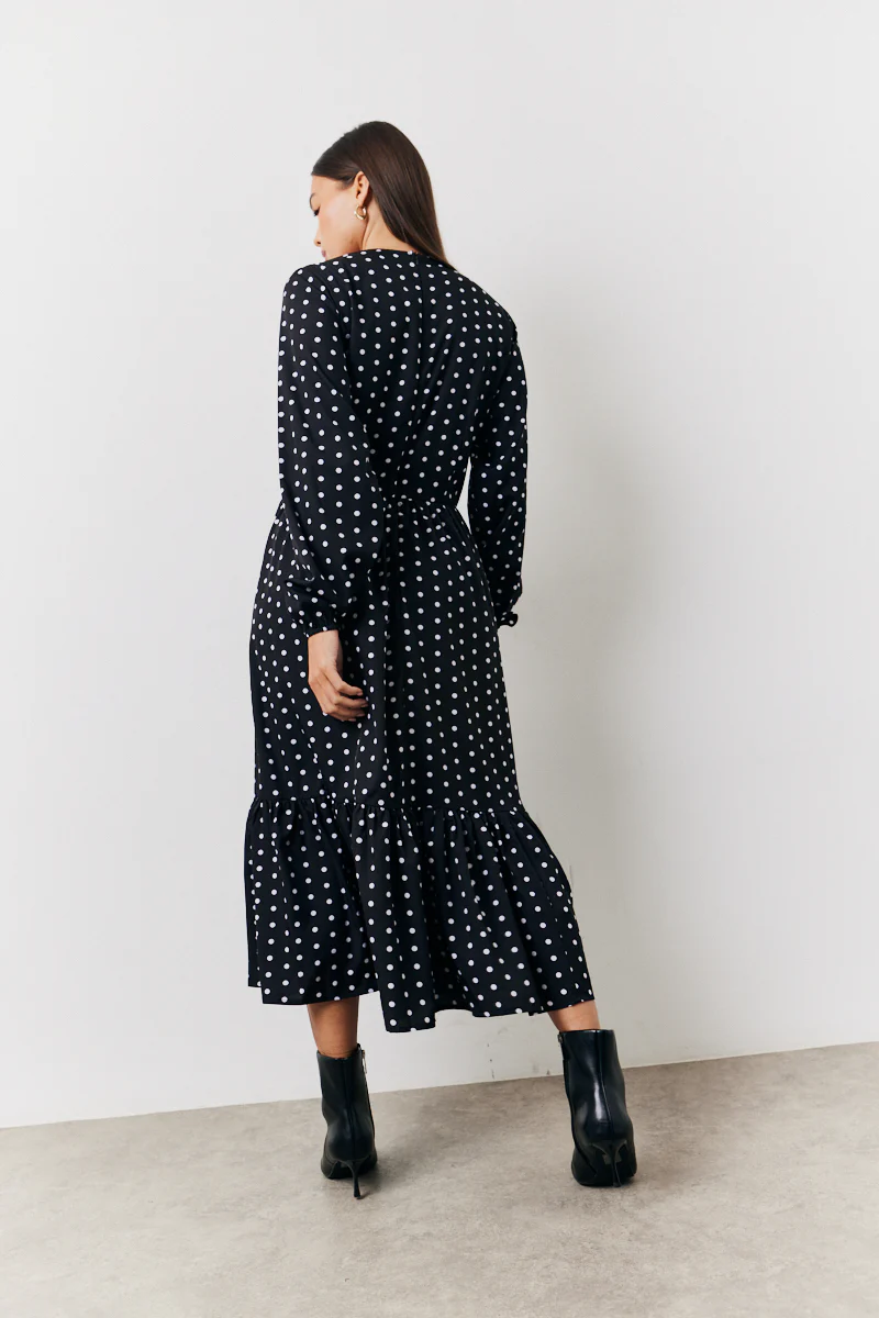 Black and White Polka Dot Frill Detail Midaxi Dress - Image 3
