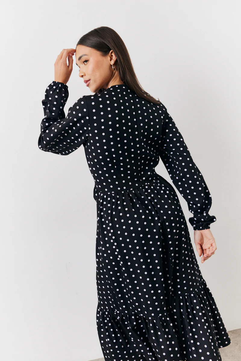 Black and White Polka Dot Frill Detail Midaxi Dress - Image 4