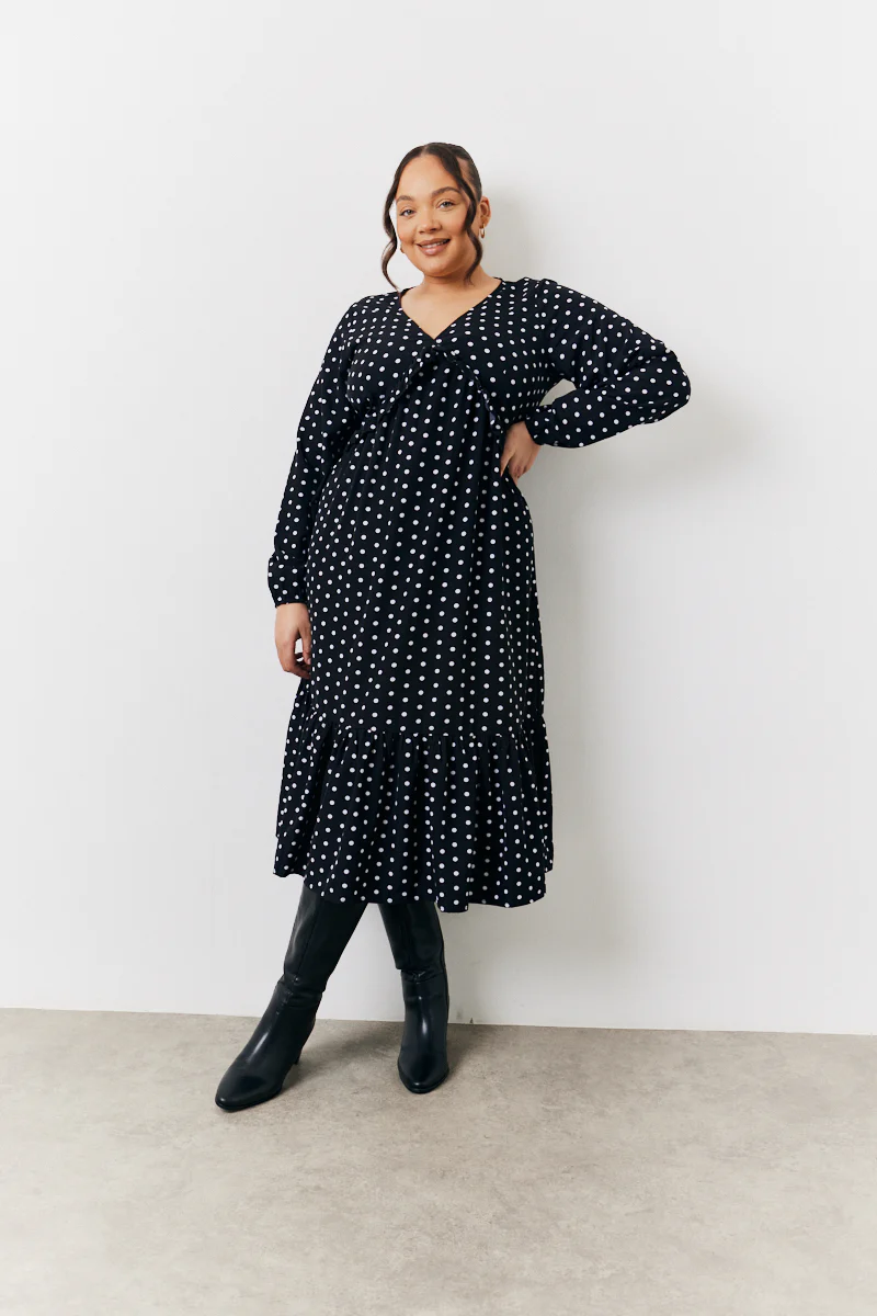 Black and White Polka Dot Frill Detail Midaxi Dress - Image 5