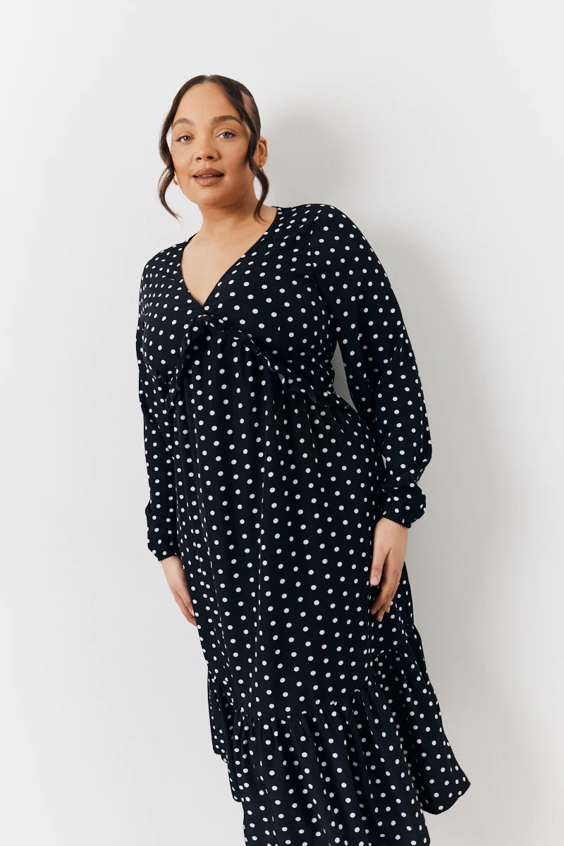 Black and White Polka Dot Frill Detail Midaxi Dress - Image 6