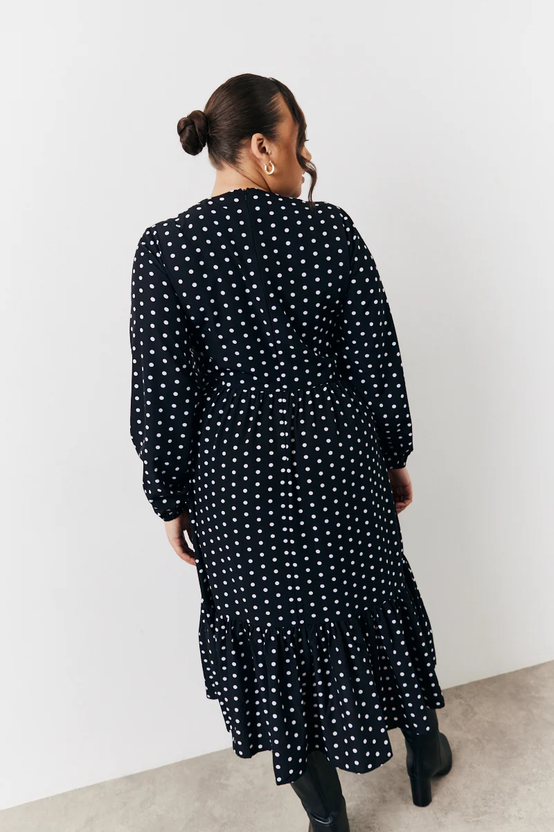 Black and White Polka Dot Frill Detail Midaxi Dress - Image 7