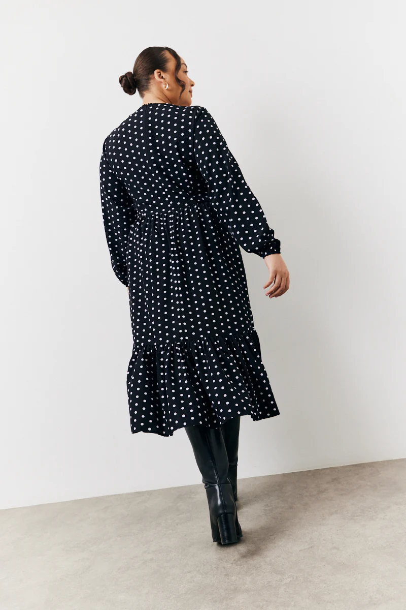 Black and White Polka Dot Frill Detail Midaxi Dress - Image 8