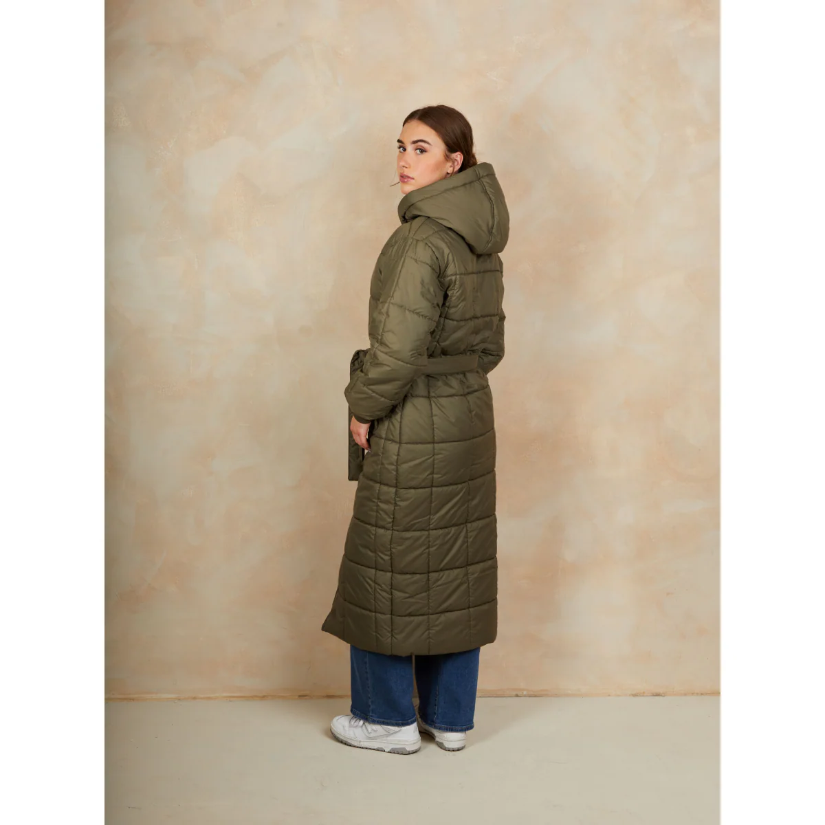 Check Padded Longline Belted Coat in Khaki - Image 4