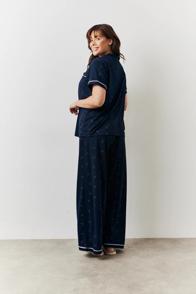Navy Cherry Print Shirt and Trouser PJ Set - Image 10