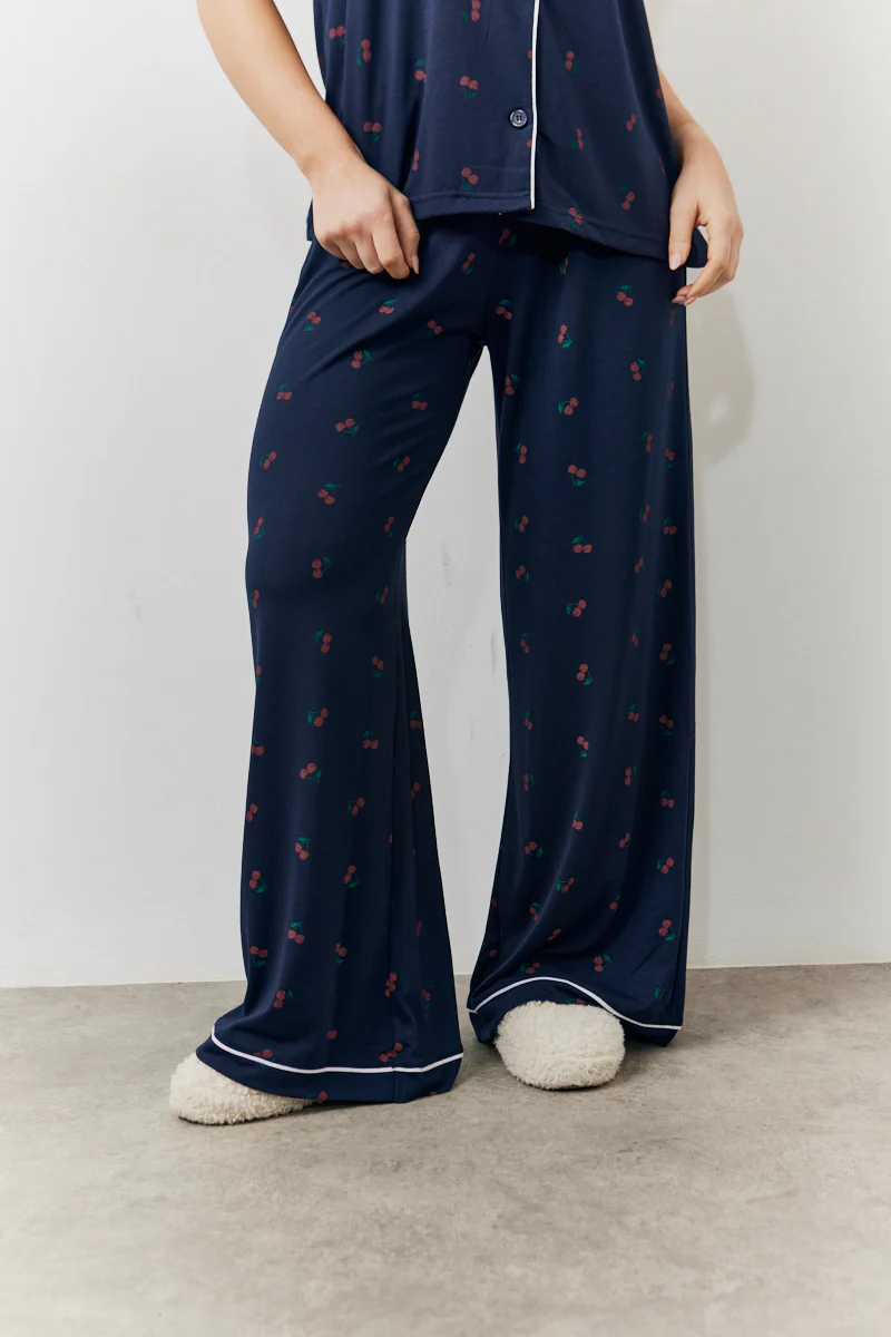 Navy Cherry Print Shirt and Trouser PJ Set - Image 3