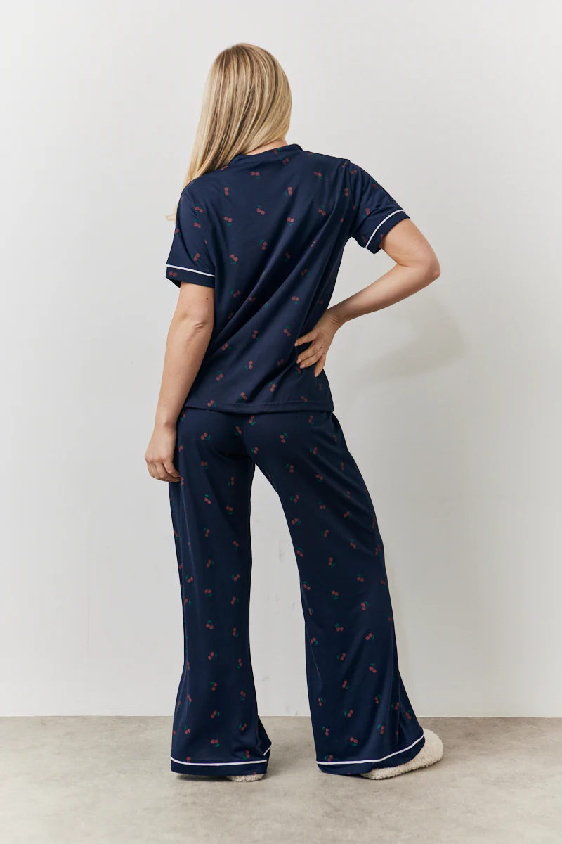 Navy Cherry Print Shirt and Trouser PJ Set - Image 4
