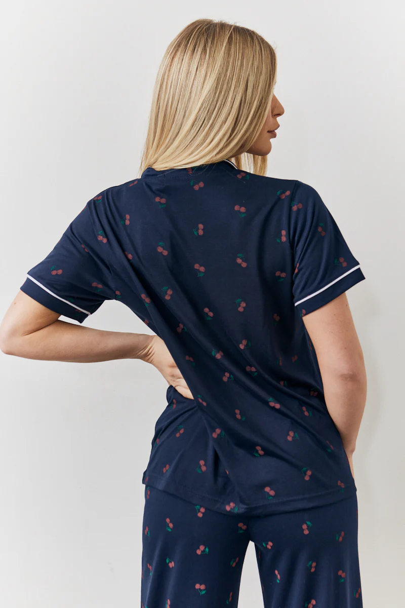Navy Cherry Print Shirt and Trouser PJ Set - Image 6