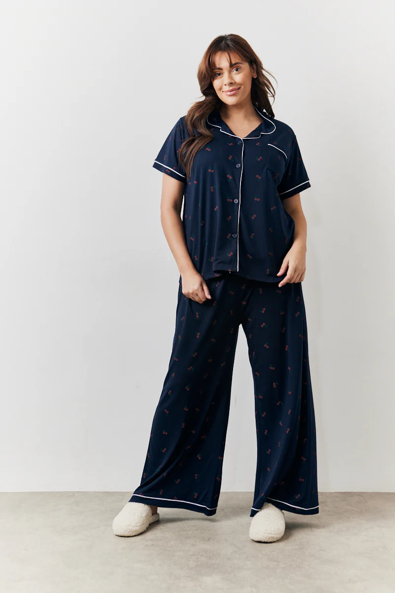 Navy Cherry Print Shirt and Trouser PJ Set - Image 7