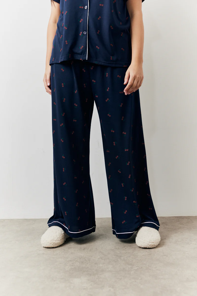 Navy Cherry Print Shirt and Trouser PJ Set - Image 8