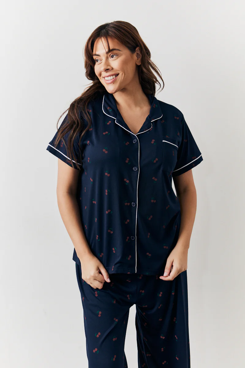 Navy Cherry Print Shirt and Trouser PJ Set - Image 9