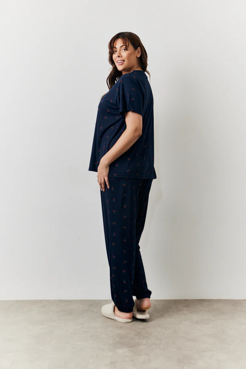 Navy Cherry Print T Shirt and Cuff Jogger Pj Set - Image 10