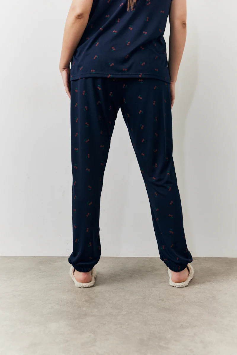 Navy Cherry Print T Shirt and Cuff Jogger Pj Set - Image 11