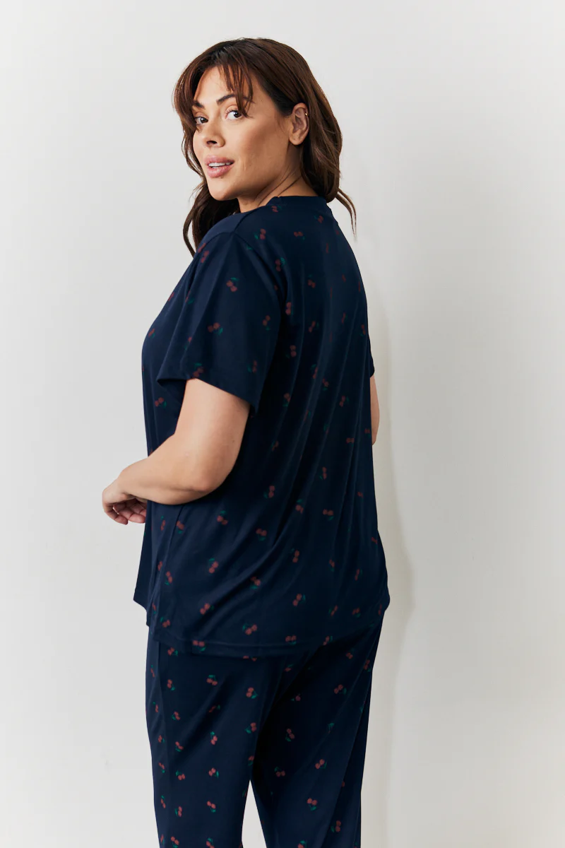 Navy Cherry Print T Shirt and Cuff Jogger Pj Set - Image 12