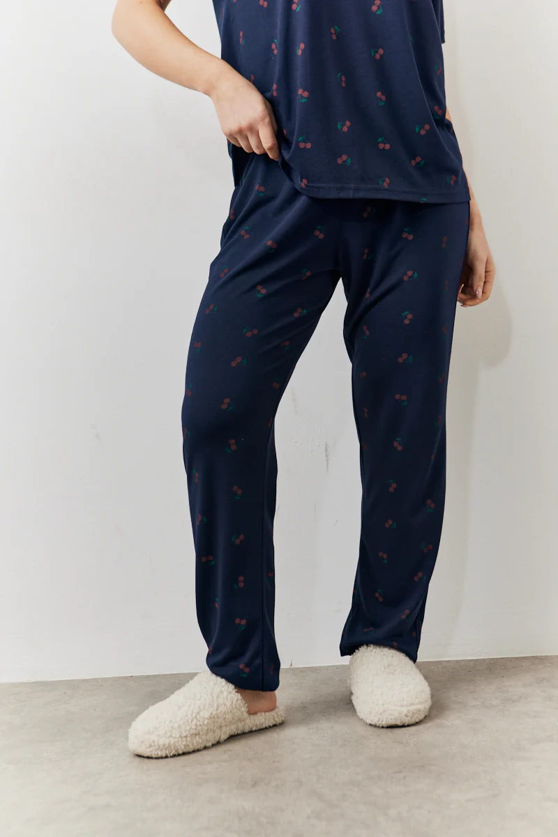 Navy Cherry Print T Shirt and Cuff Jogger Pj Set - Image 3