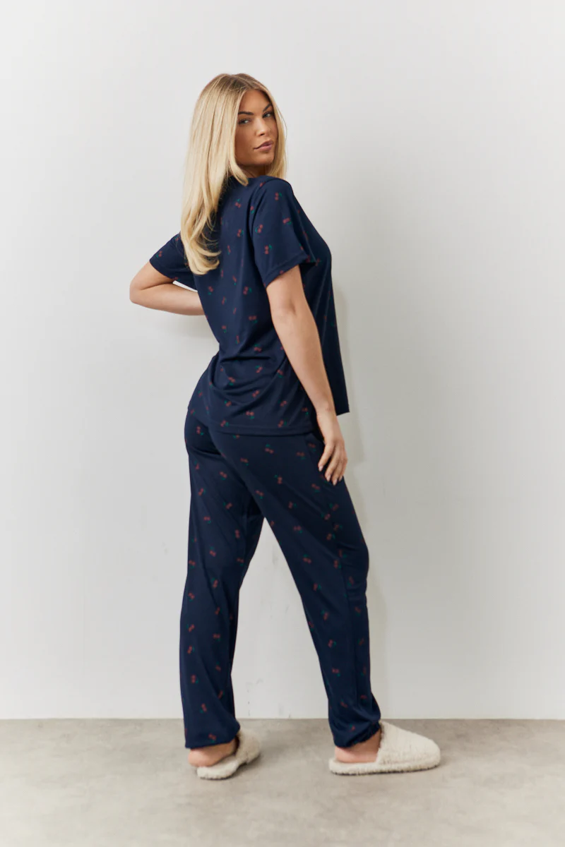 Navy Cherry Print T Shirt and Cuff Jogger Pj Set - Image 4