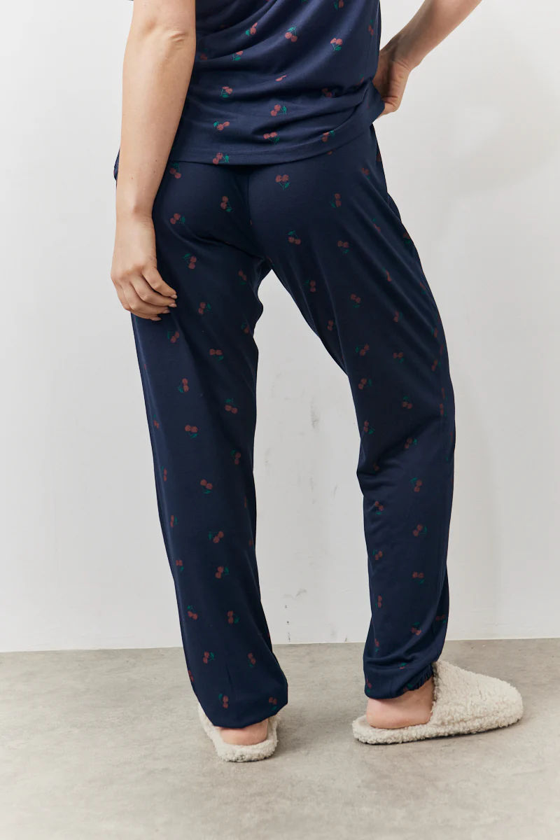 Navy Cherry Print T Shirt and Cuff Jogger Pj Set - Image 5