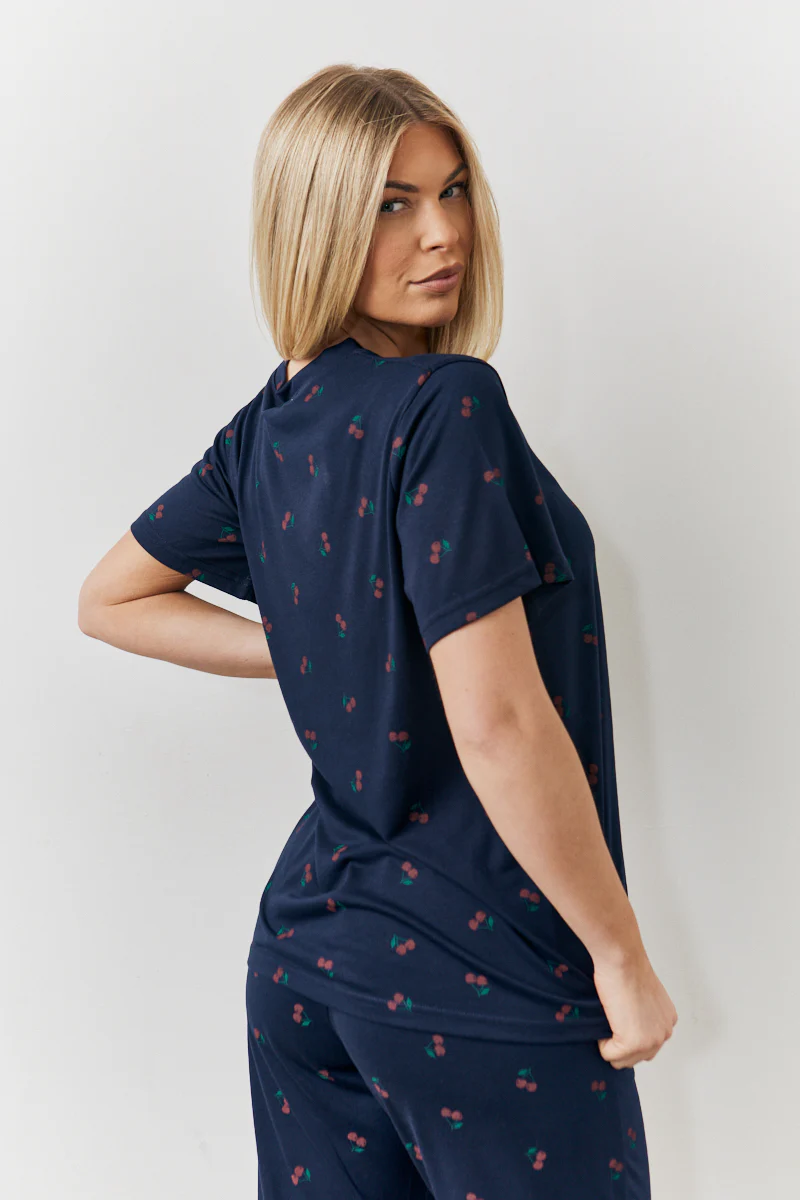 Navy Cherry Print T Shirt and Cuff Jogger Pj Set - Image 6