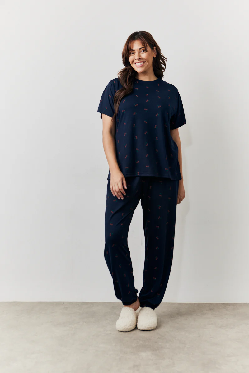 Navy Cherry Print T Shirt and Cuff Jogger Pj Set - Image 7