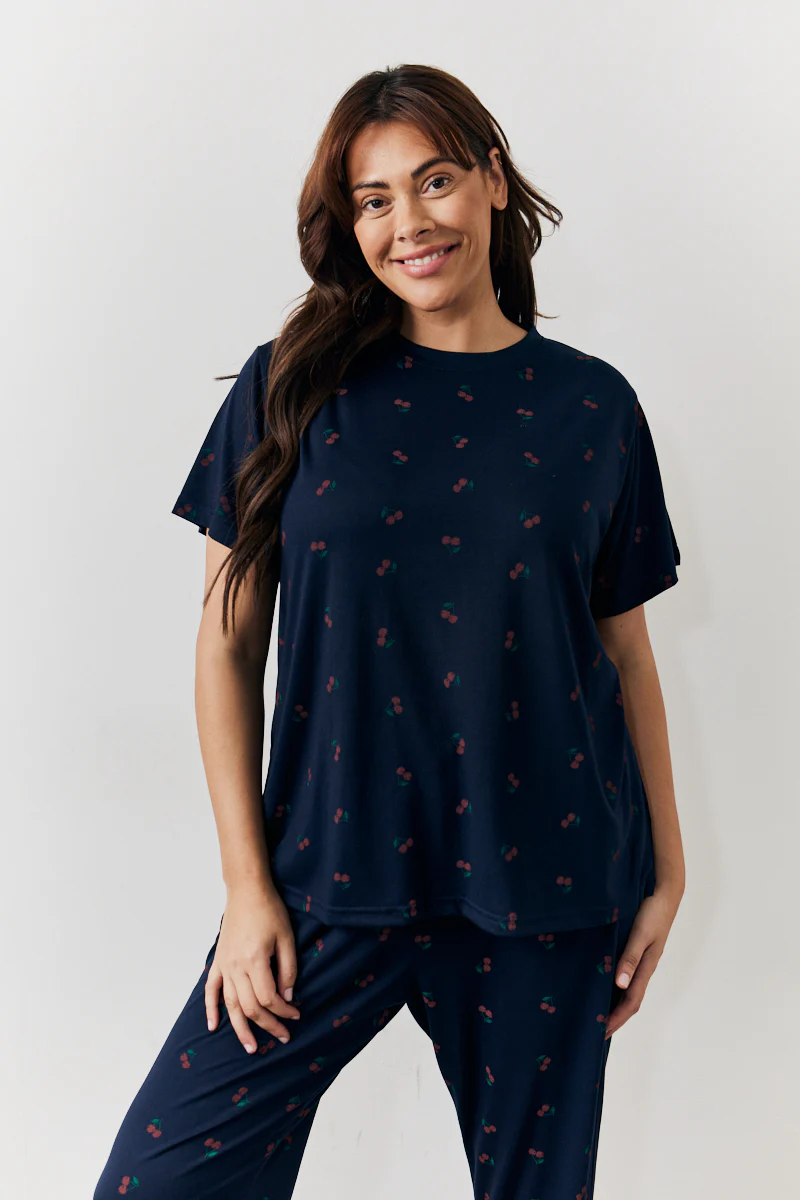 Navy Cherry Print T Shirt and Cuff Jogger Pj Set - Image 8