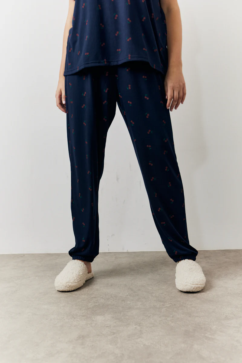 Navy Cherry Print T Shirt and Cuff Jogger Pj Set - Image 9