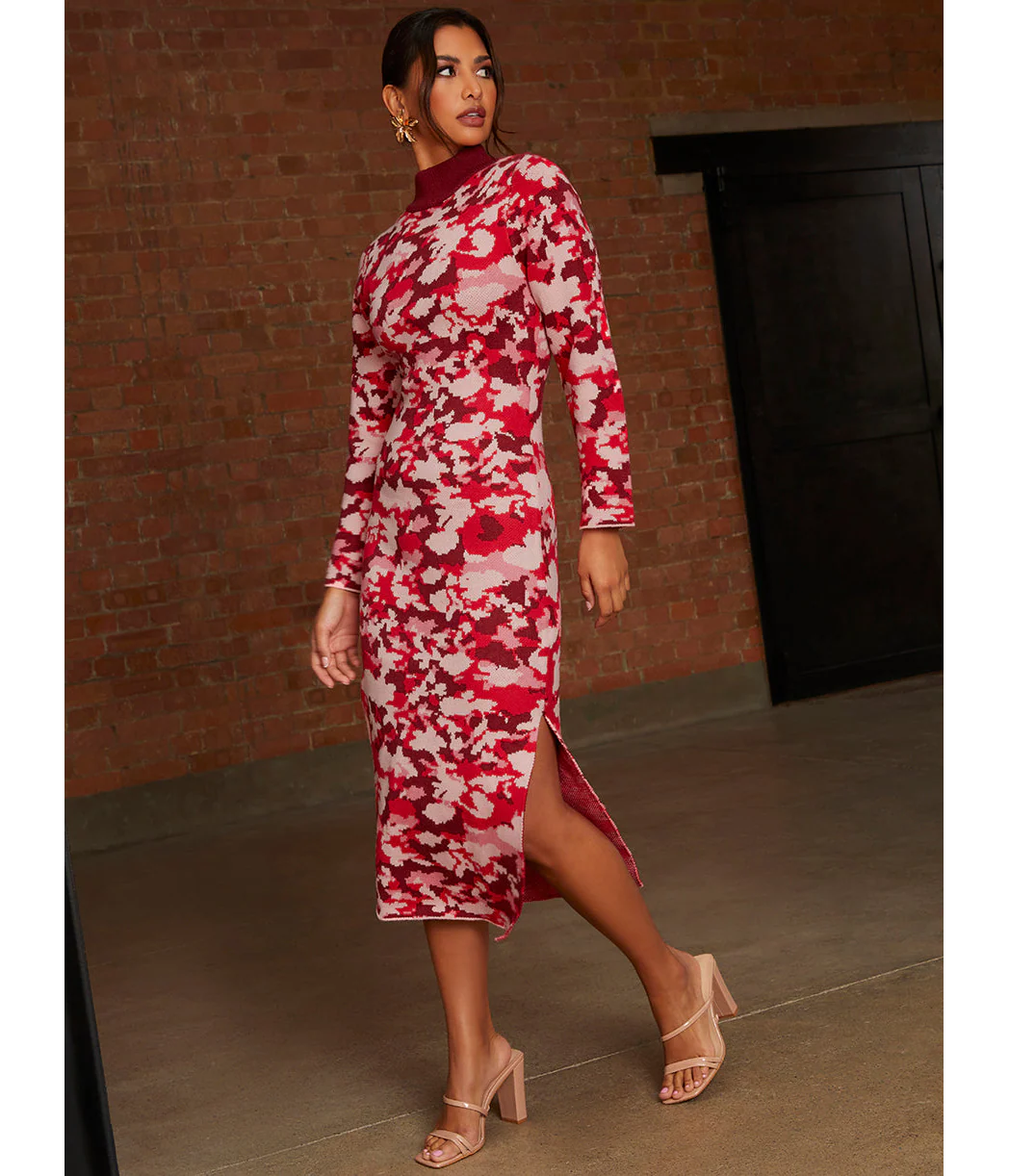 Chi Chi London Abstract Floral Knitted Midi Dress in Pink