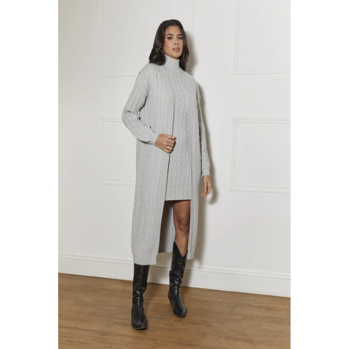Chi Chi London All-Over Knitted Cable Longline Cardigan in Grey - Image 3