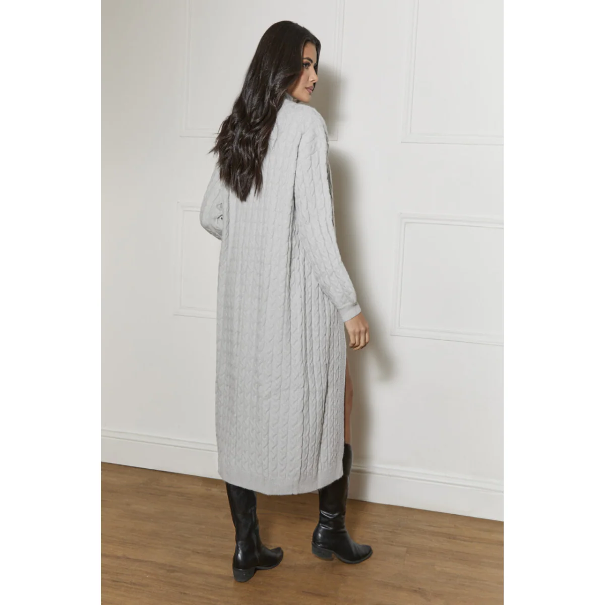Chi Chi London All-Over Knitted Cable Longline Cardigan in Grey - Image 4